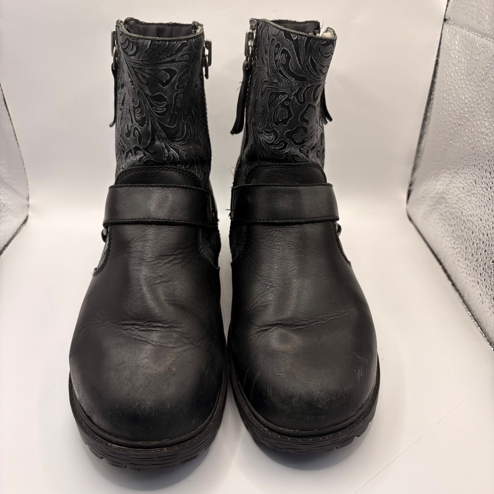 Alegria Channing Black Leather Embossed Paisley Moto Boots Womens 37‎ CHA-185